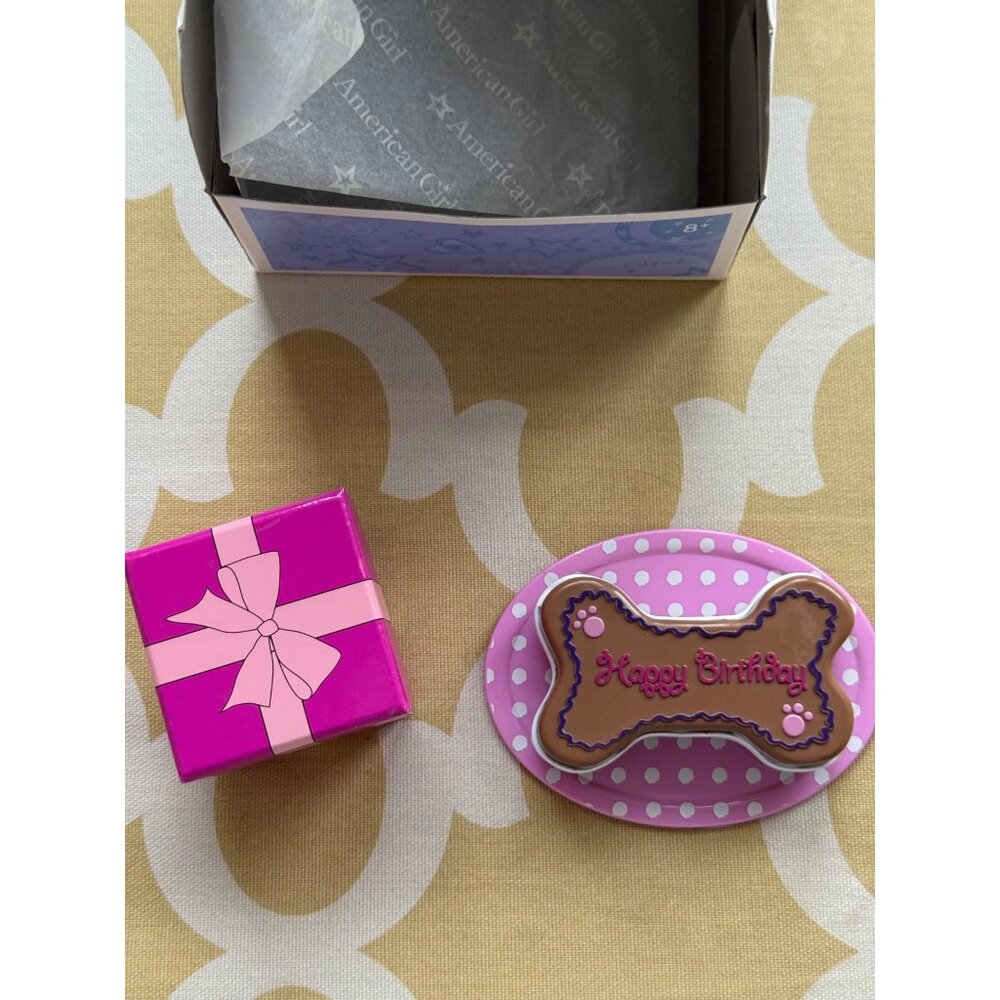 American Girl Pet Party Play Set, featuring bone-shaped cake on a plate & box